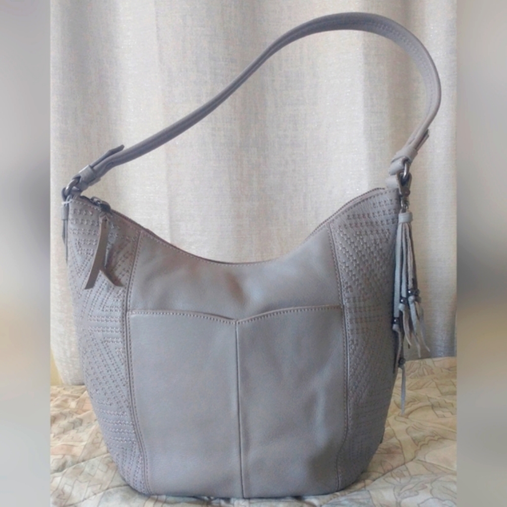 The Sak Leather Bag w/Stitched Side Panels & Beaded Fringe Tassel, NEW